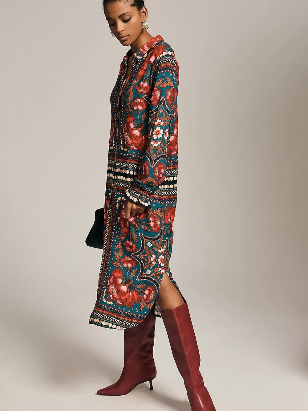 FARM Rio Teal and Red Floral Long Shirt Dress size xs